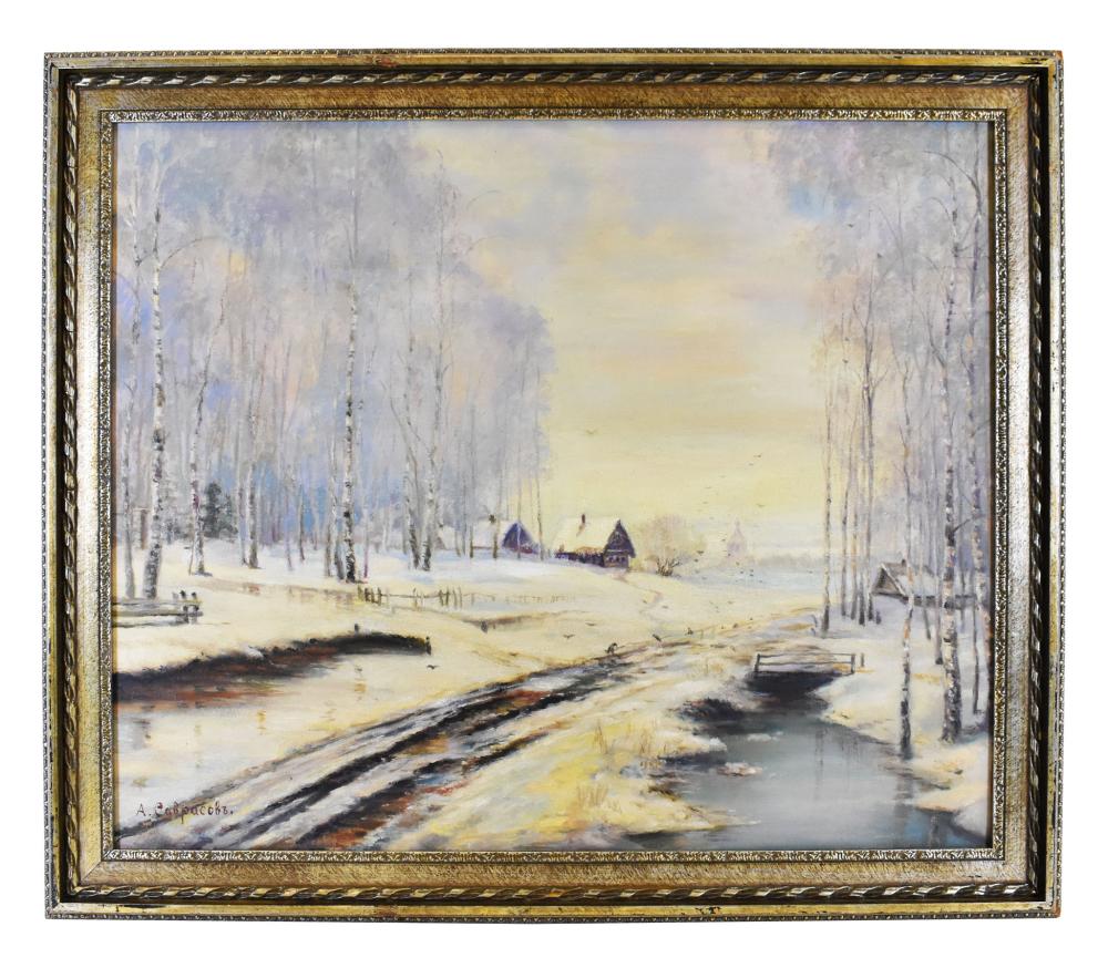 Appraisal: RUSSIAN SCHOOL TH CENTURY PAINTINGWinter Landscape with Stream Signed in