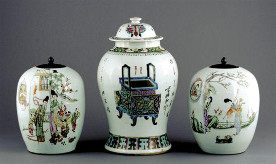 Appraisal: Three Chinese porcelain urns late th centurytwo melon jars with