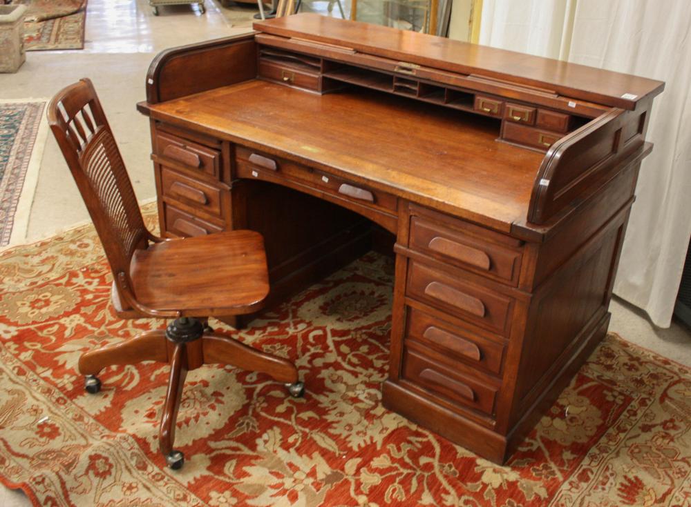 Appraisal: ANTIQUE ROLL-TOP DESK American c double pedestal D-roll type mahogany