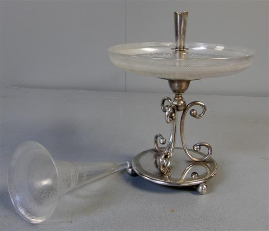 Appraisal: th century silver plated and engraved glass epergne h in