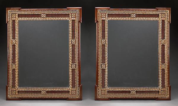 Appraisal: A pair of Levantine shell inlaid hardwood mirrors Each rectangular