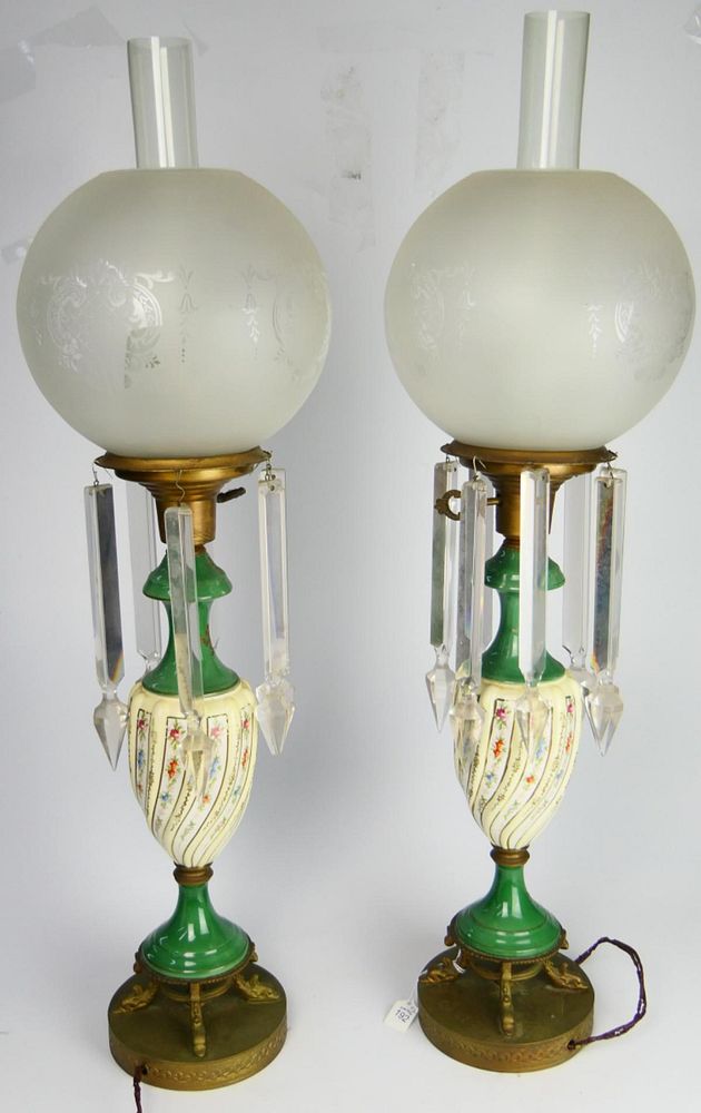 Appraisal: PAIR OF FANCY ANTIQUE CONTINENTAL HURRICANE LAMPS From a local