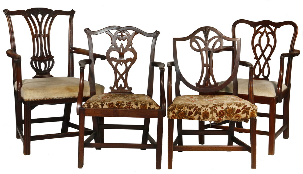 Appraisal: ASSEMBLED SET OF ENGLISH MAHOGANY ARMCHAIRS All Period open frame