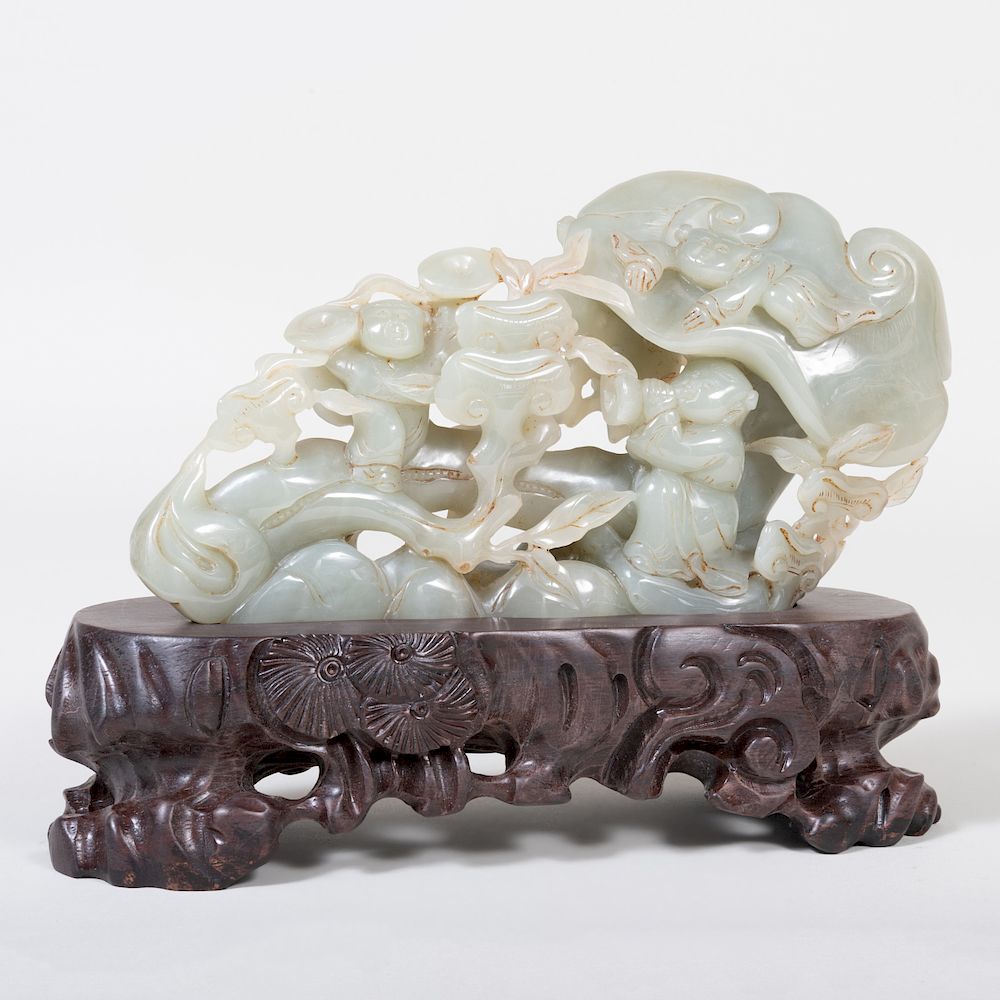 Appraisal: Chinese Jade Group with Boys Amongst Clouds Carved with boys