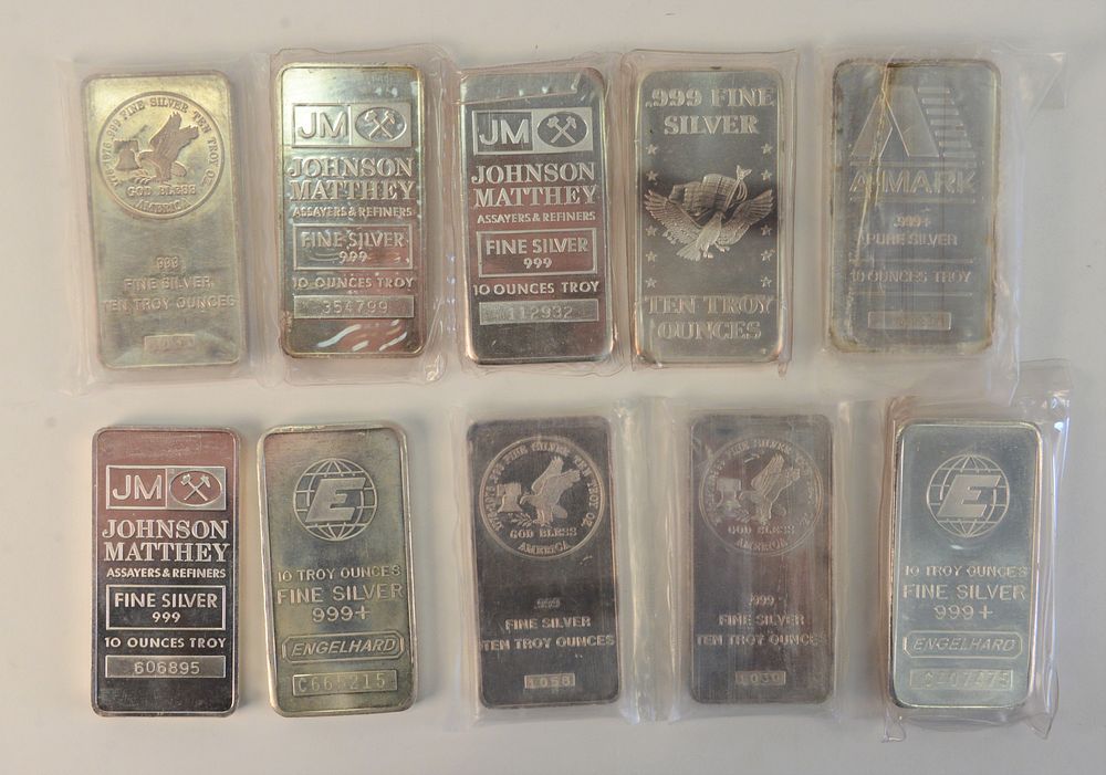 Appraisal: Ten Silver Bars t oz each total t oz fine