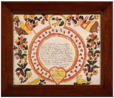 Appraisal: Fraktur Blowsy Angel Artist Pennsylvania active - a taufschein for