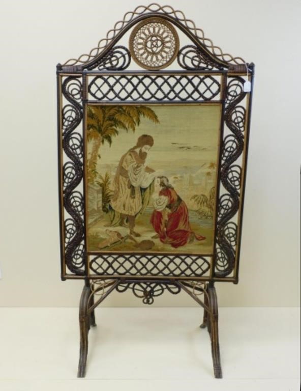 Appraisal: Rattan and wood with an inset cloth tapestry featuring a