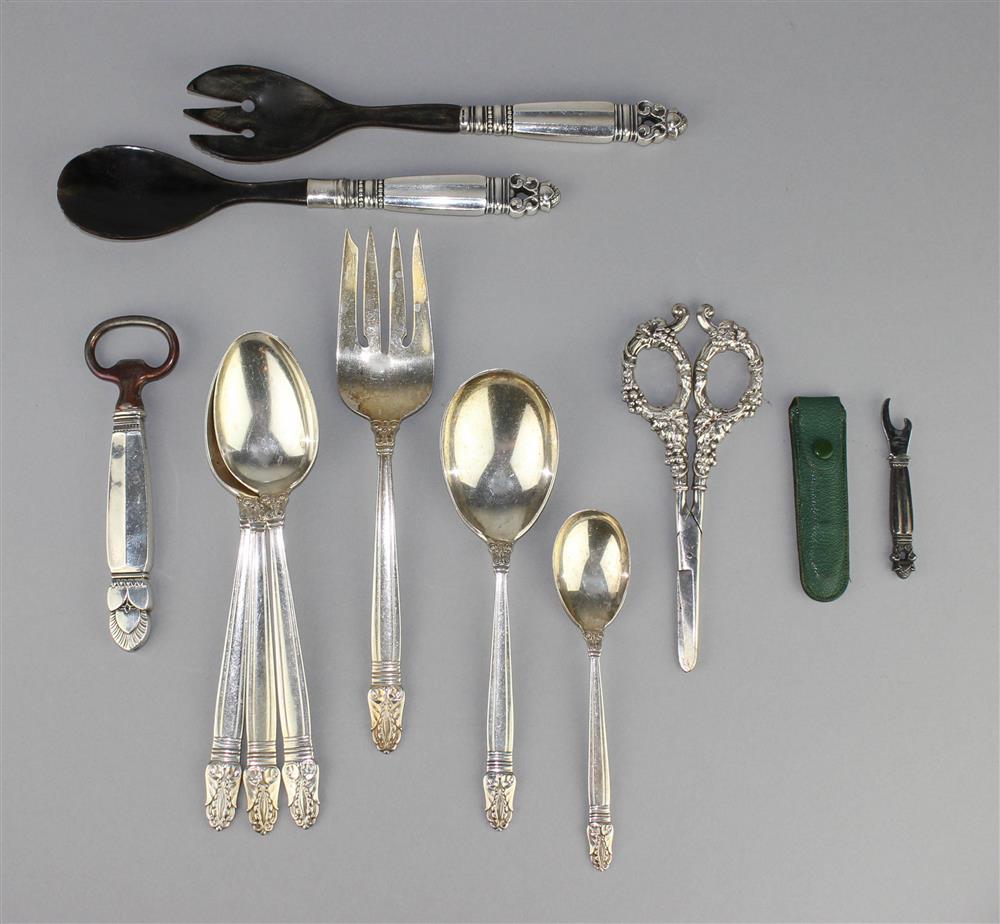 Appraisal: GEORG JENSEN SILVER AND HORN ACORN SALAD FORK AND SPOON