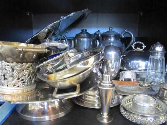 Appraisal: ONE SHELF OF ASSORTED SILVER PLATE INCLUDING TUREENS TRAYS STRACHAN