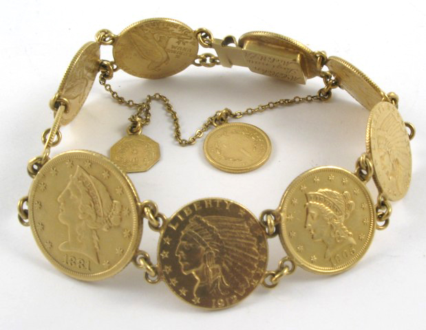 Appraisal: GOLD COIN BRACELET featuring ten genuine U S gold coins