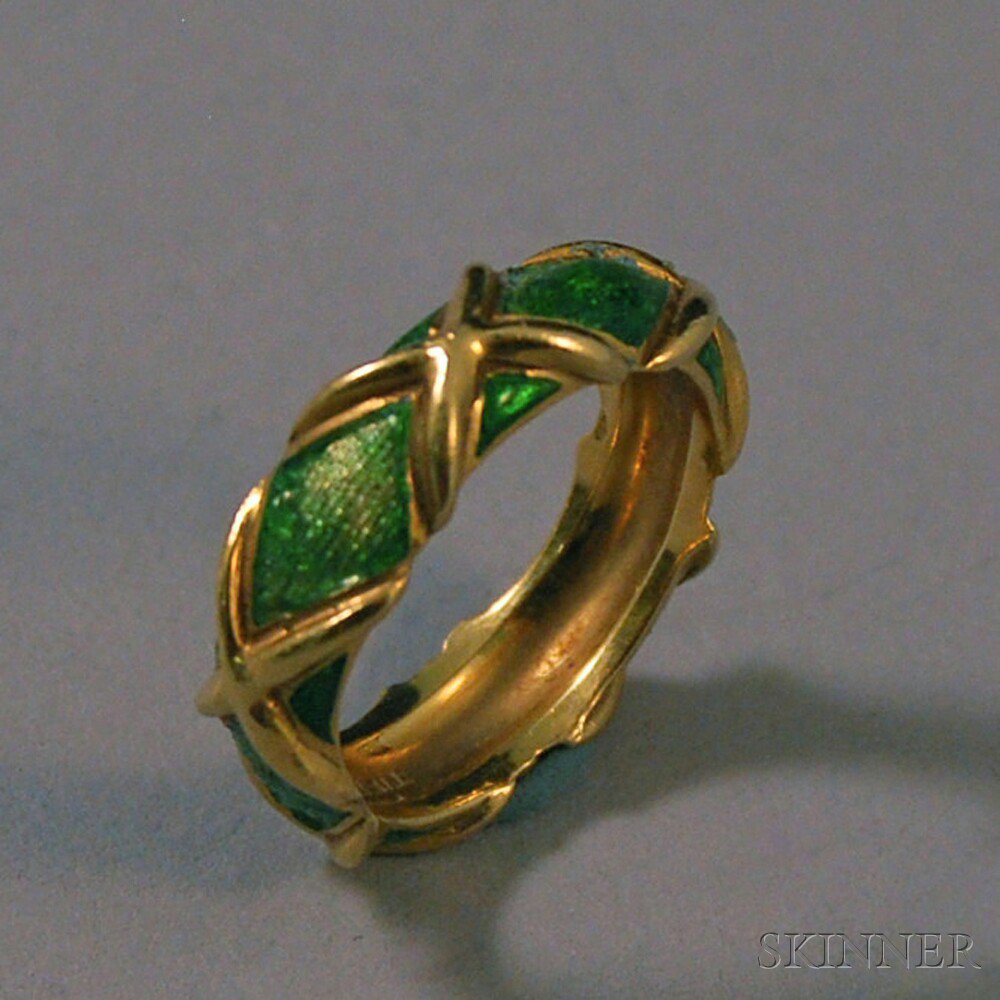 Appraisal: Tiffany Co kt Yellow Gold and Green Enamel Crisscross Band