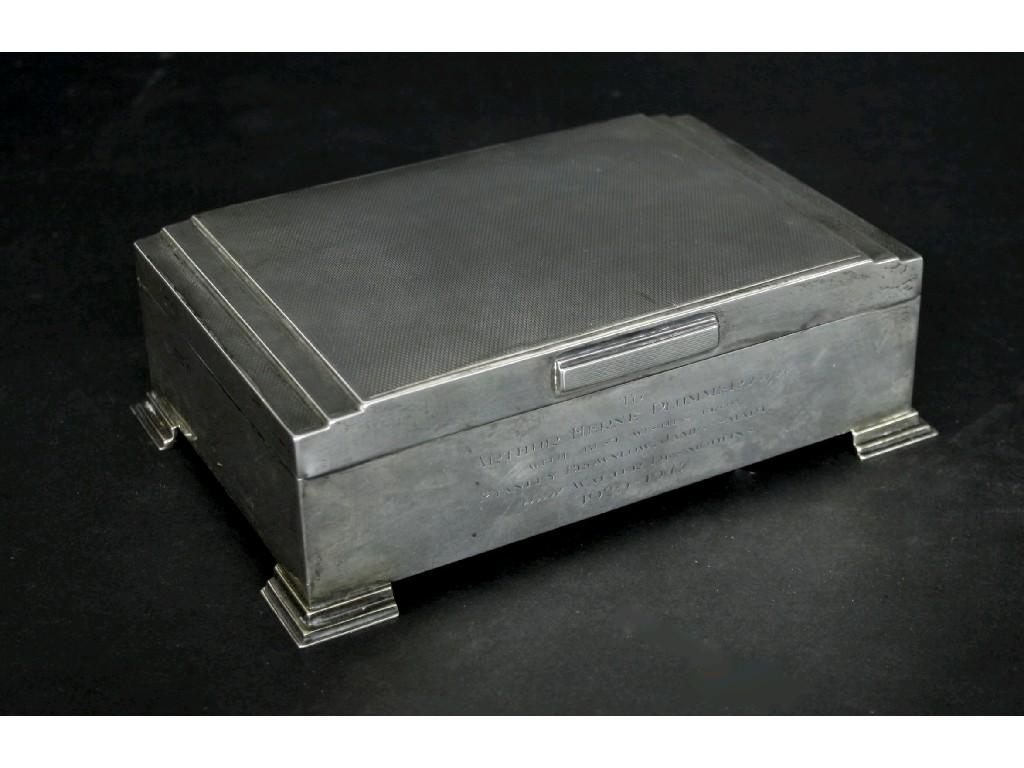 Appraisal: s silver cigar box of stepped rectangular form inscribed 'To