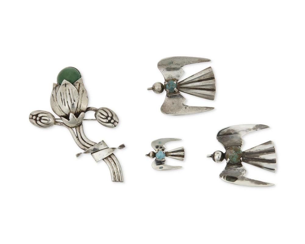 Appraisal: A group of Fred Davis silver and green hardstone brooches