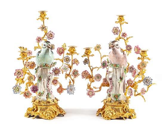 Appraisal: A Pair of French Gilt Bronze and Porcelain Three-Light Candelabra