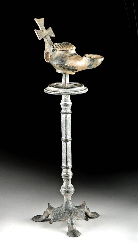 Appraisal: Roman Byzantine Bronze Lamp Lamp Stand Late Roman or early