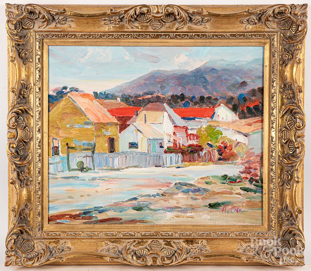 Appraisal: Oil on canvas Western town scene Oil on canvas Western