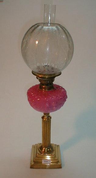 Appraisal: A Victorian brass and moulded glass oil lamp The pink