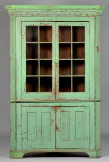 Appraisal: Early Ohio Green Painted Corner Cupboard Early Ohio corner cupboard