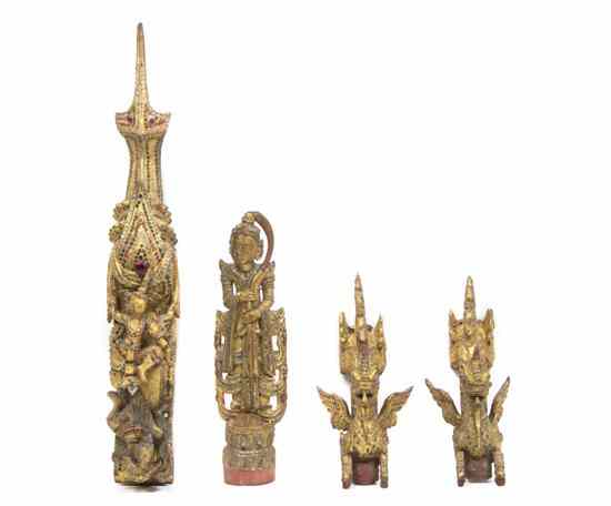 Appraisal: A Group of Four Glass Inset Burmese Wood Elements comprising