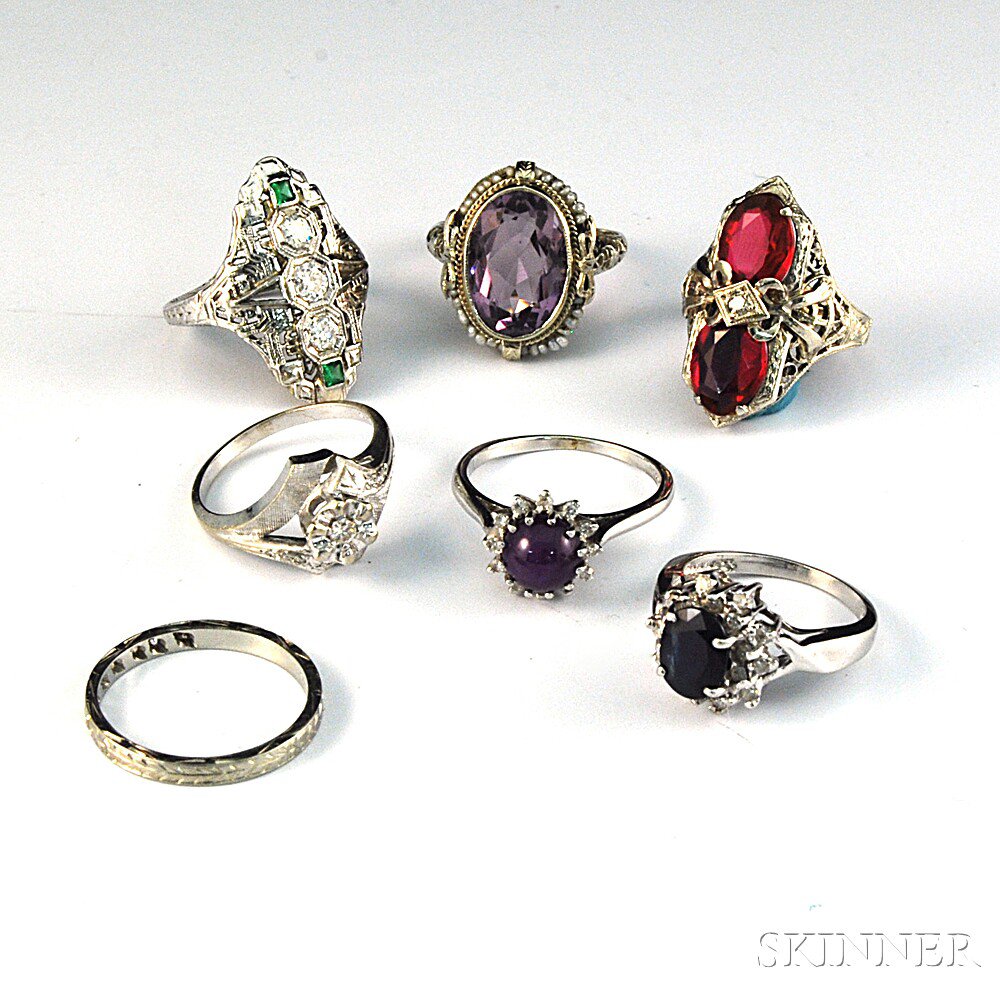 Appraisal: Seven White Gold Gem-set Rings stones include diamond amethyst and