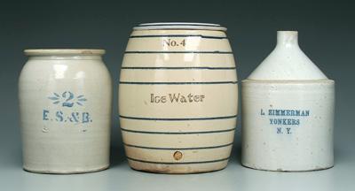 Appraisal: Three pieces stoneware lidded water cooler marked quot No Ice