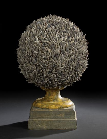 Appraisal: Italian Gray Periwinkle Shell-Encrusted Wooden Sphere on Stand in the