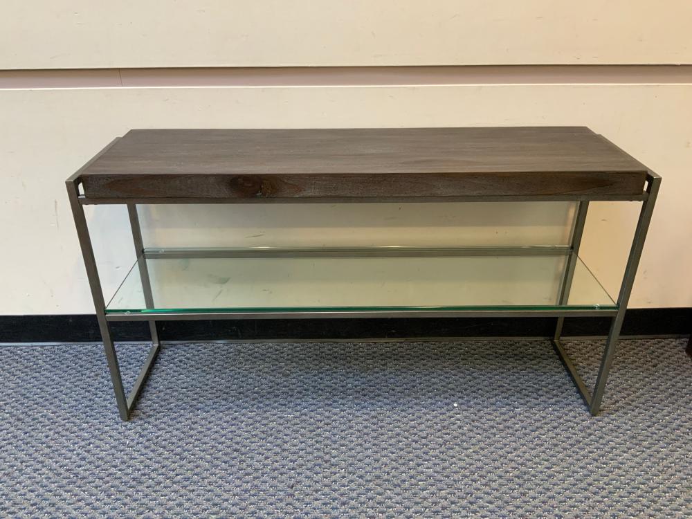 Appraisal: MODERN PATINATED METAL AND EBONIZED WOOD SOFA TABLE X X