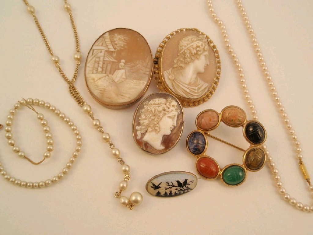 Appraisal: Three shell cameo brooches and costume items