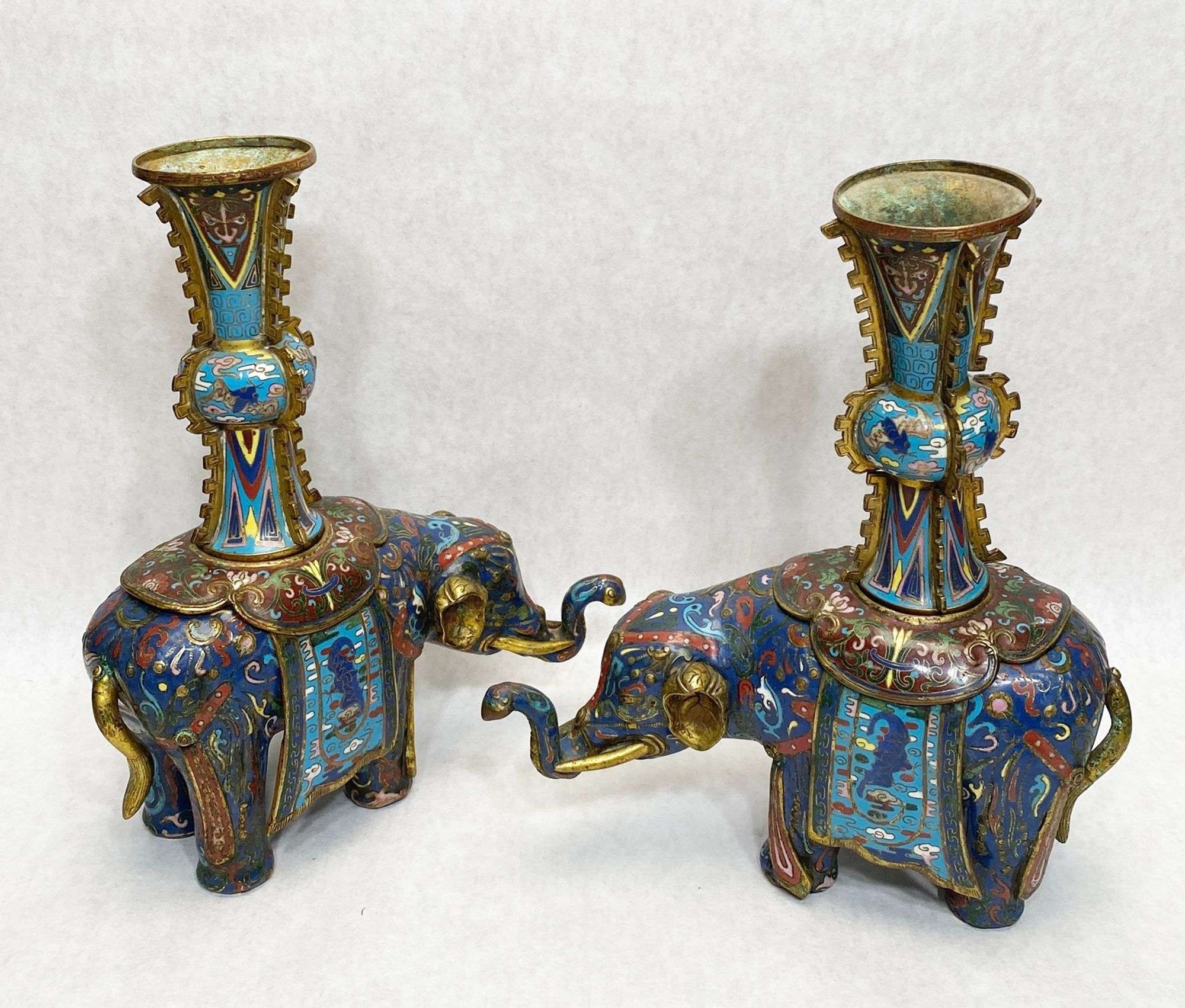 Appraisal: Pair Chinese Bronze Cloisonne Figural Elephant Vases tall long piece