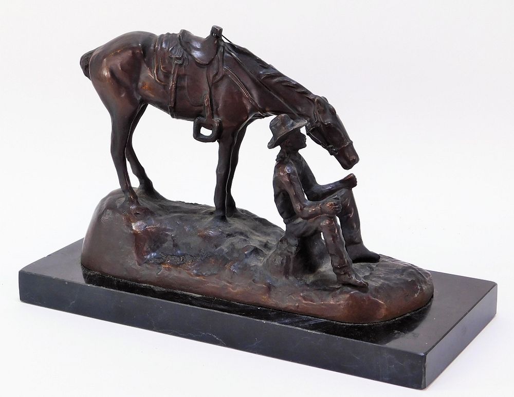 Appraisal: Signed J Rafer Bronze Horse Cowboy Sculpture United States th