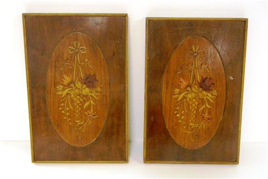 Appraisal: Pair of inlaid wood plaques both have hanging baskets with