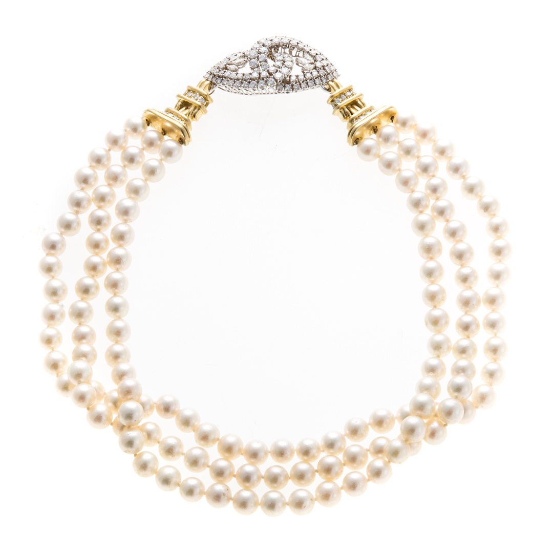 Appraisal: A Triple Strand Pearl Necklace with Diamond Center Lady's triple