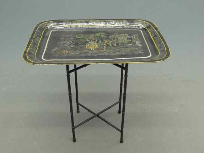 Appraisal: Early painted tole tray on stand Tray '' W ''