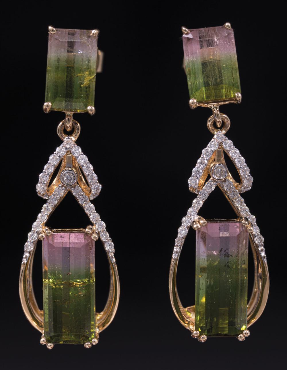 Appraisal: kt Yellow Gold Tourmaline and Diamond Dangle Earrings prong set