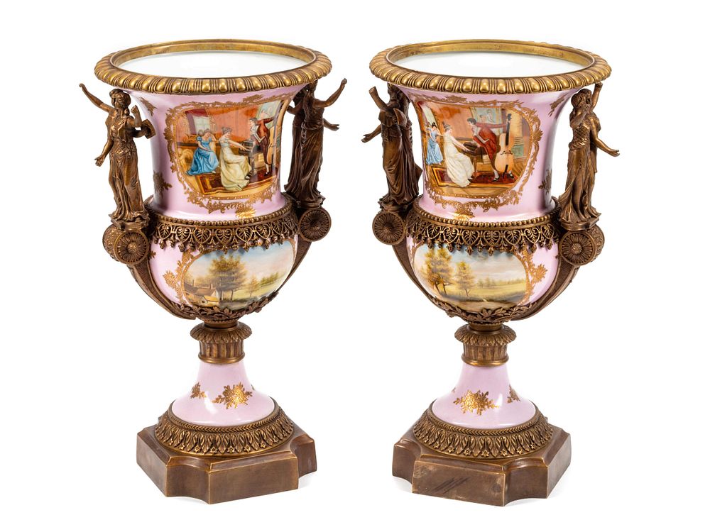 Appraisal: A Pair of Sevres Style Gilt Bronze Mounted Porcelain Urns