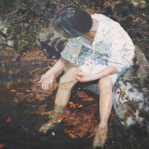 Appraisal: T Jones acrylic young childwith feet in the water on