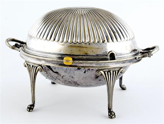 Appraisal: English silverplate revolving breakfast tureen th century reeded hinged domed