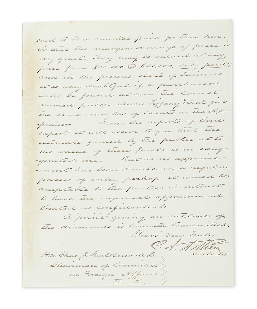 Appraisal: ARTHUR CHESTER A Letter Signed C A Arthur as Collector