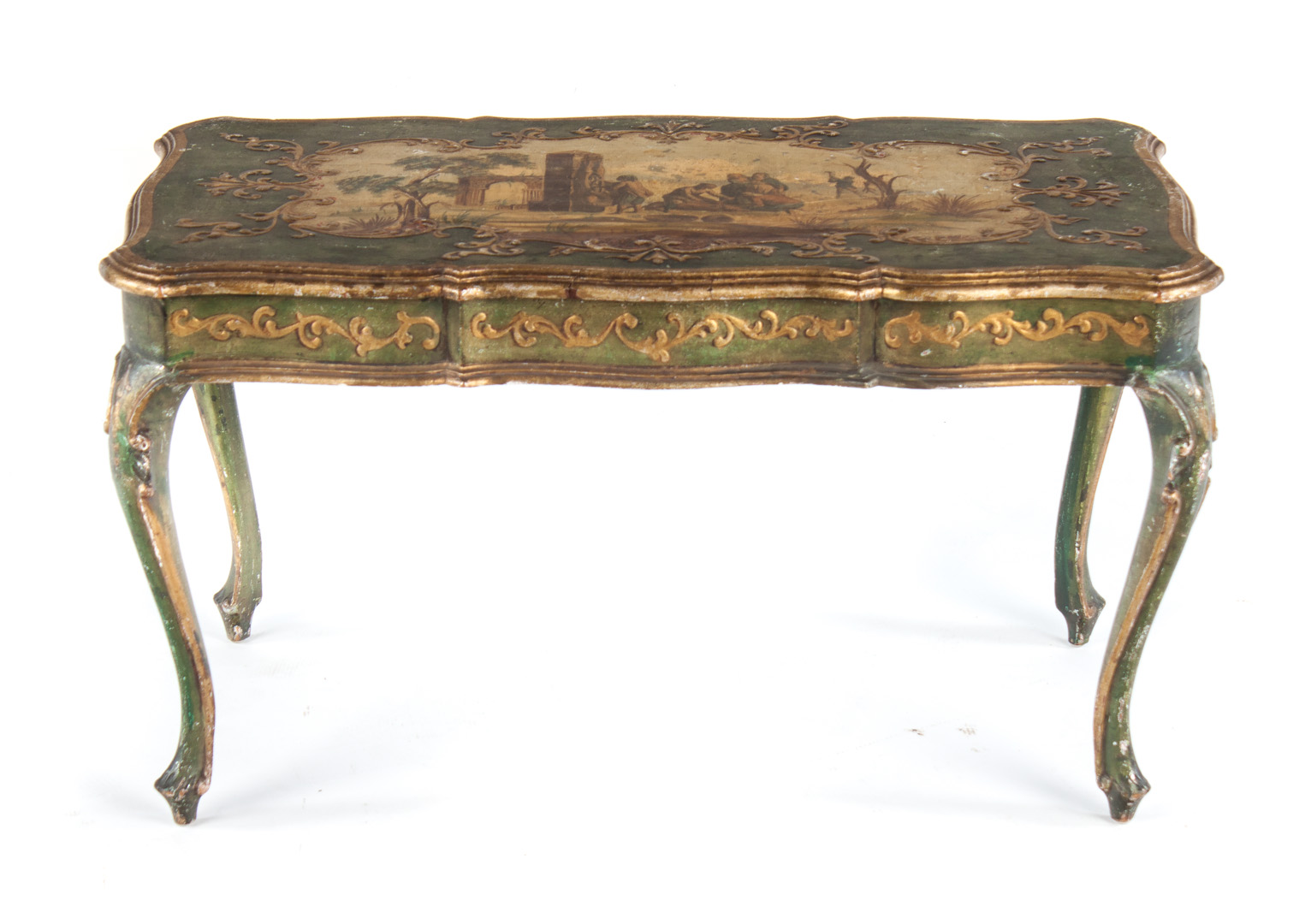 Appraisal: Italian paint decorated coffee table green parcel-gilt ground with reserve