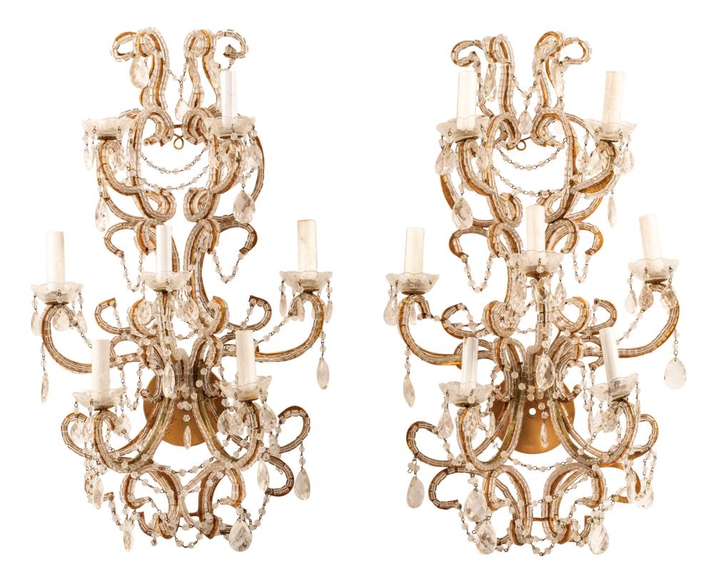 Appraisal: Pair of Italian Cut Crystal and Iron Seven-Light Sconces scroll