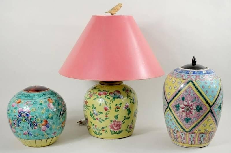 Appraisal: Three Chinese Enameled Porcelain Jars One As Lamp Three Chinese