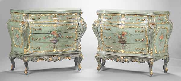 Appraisal: A Pair of Italian Rococo-Style Verte Peinte Bomb Commodes each