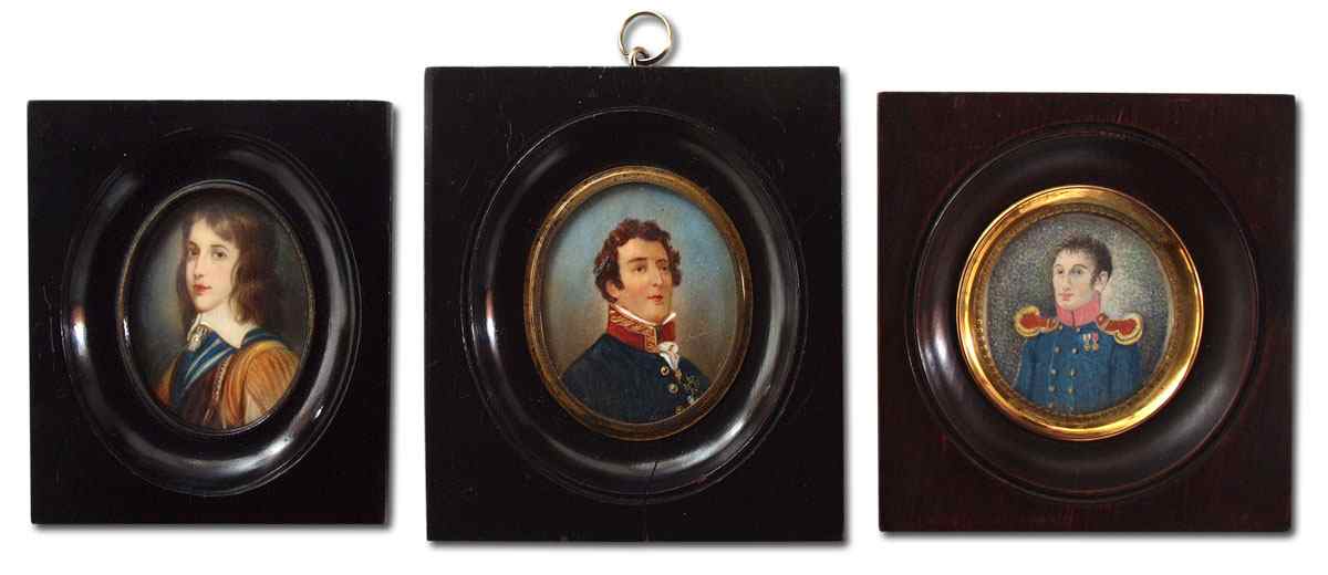 Appraisal: THREE PIECE MINIATURE PORTRAIT PAINTING LOT TO INCLUDE French Officer