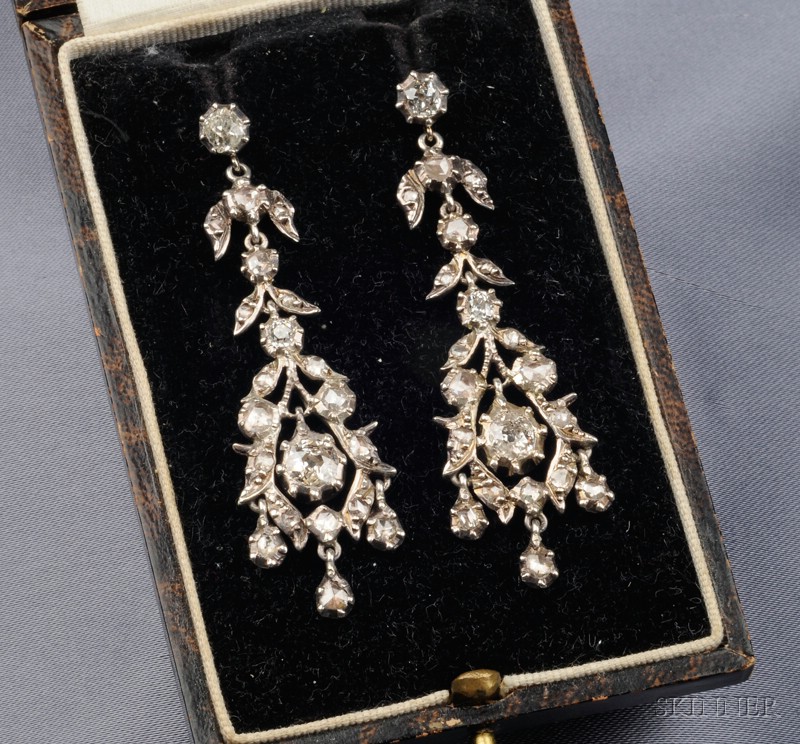 Appraisal: Antique Silver and Diamond Earpendants bezel-set throughout with old mine