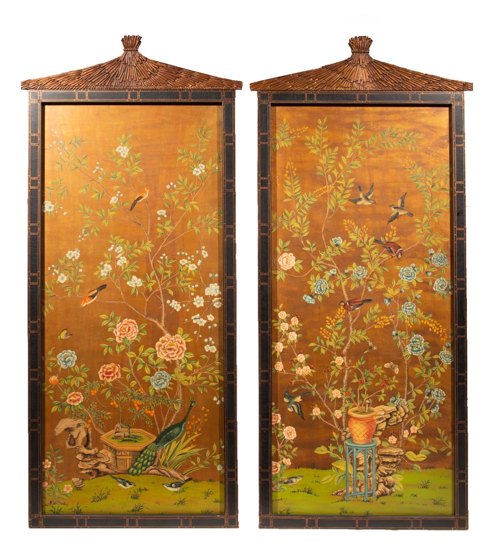 Appraisal: CONTINENTAL JAPONISME POLYCHROMED PANELSPair of Large Continental Japonisme Polychromed Panels