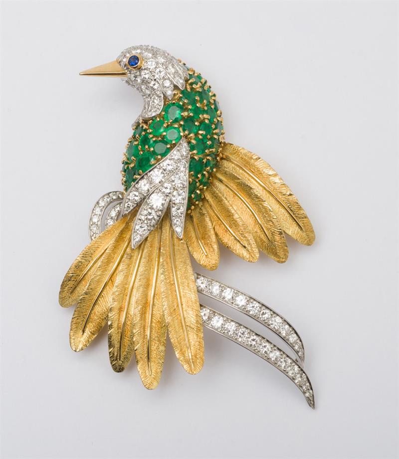 Appraisal: CHARLES VAILLANT K YELLOW GOLD PLATINUM DIAMOND AND EMERALD BIRD