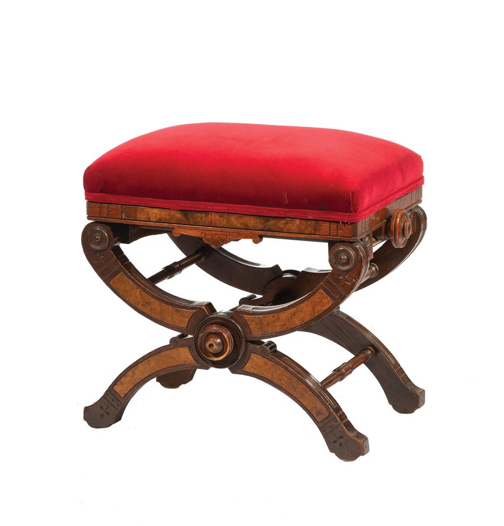 Appraisal: American Walnut Curule Stool late th c velvet upholstery turned