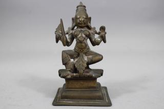 Appraisal: Miniature Antique Bronze Hindu Goddess Durga figurine In the seated