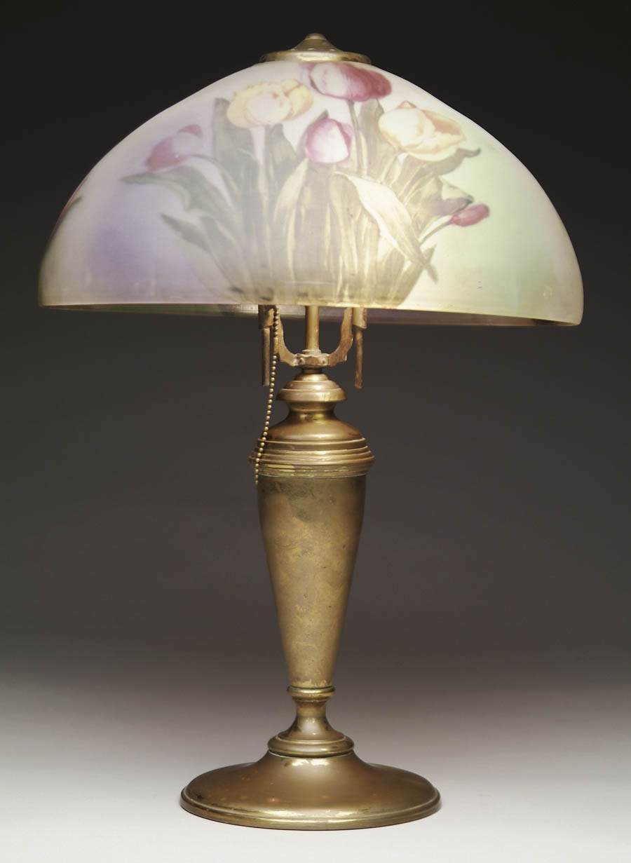 Appraisal: REVERSE PAINTED TABLE LAMP Beautiful reverse painted shade has nicely