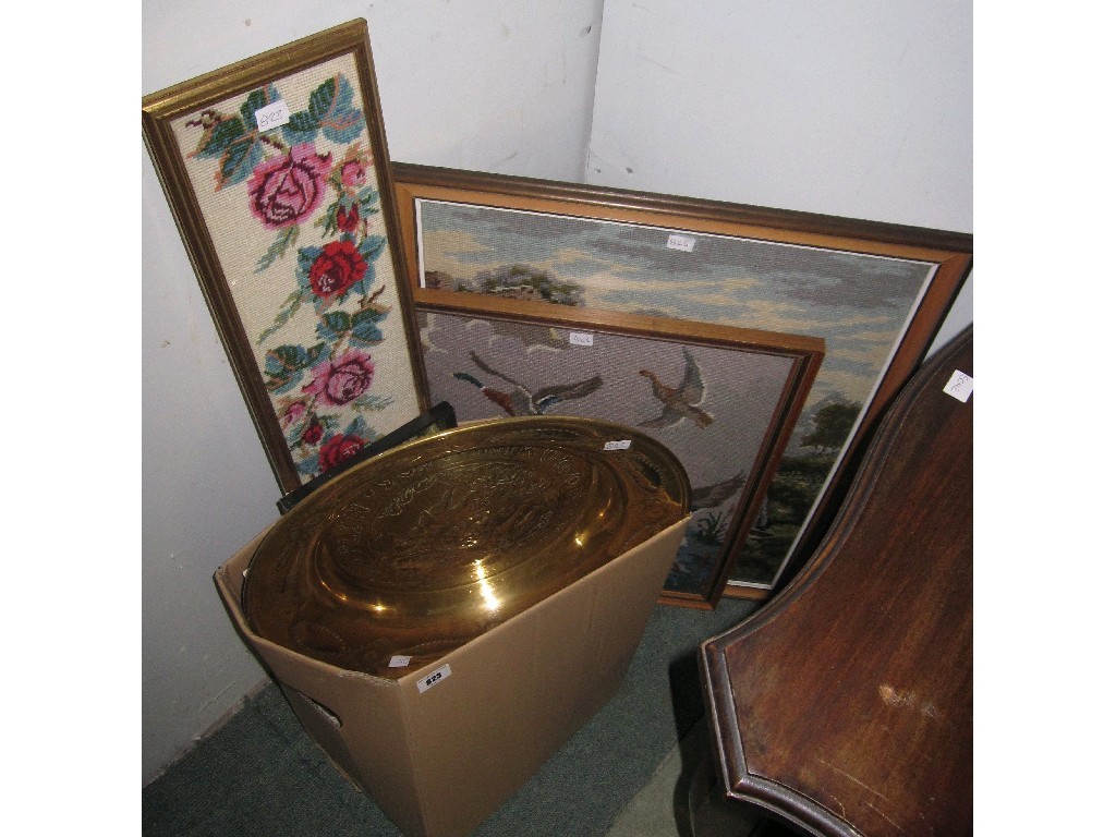 Appraisal: Lot comprising box of linen brass charger and six tapestry